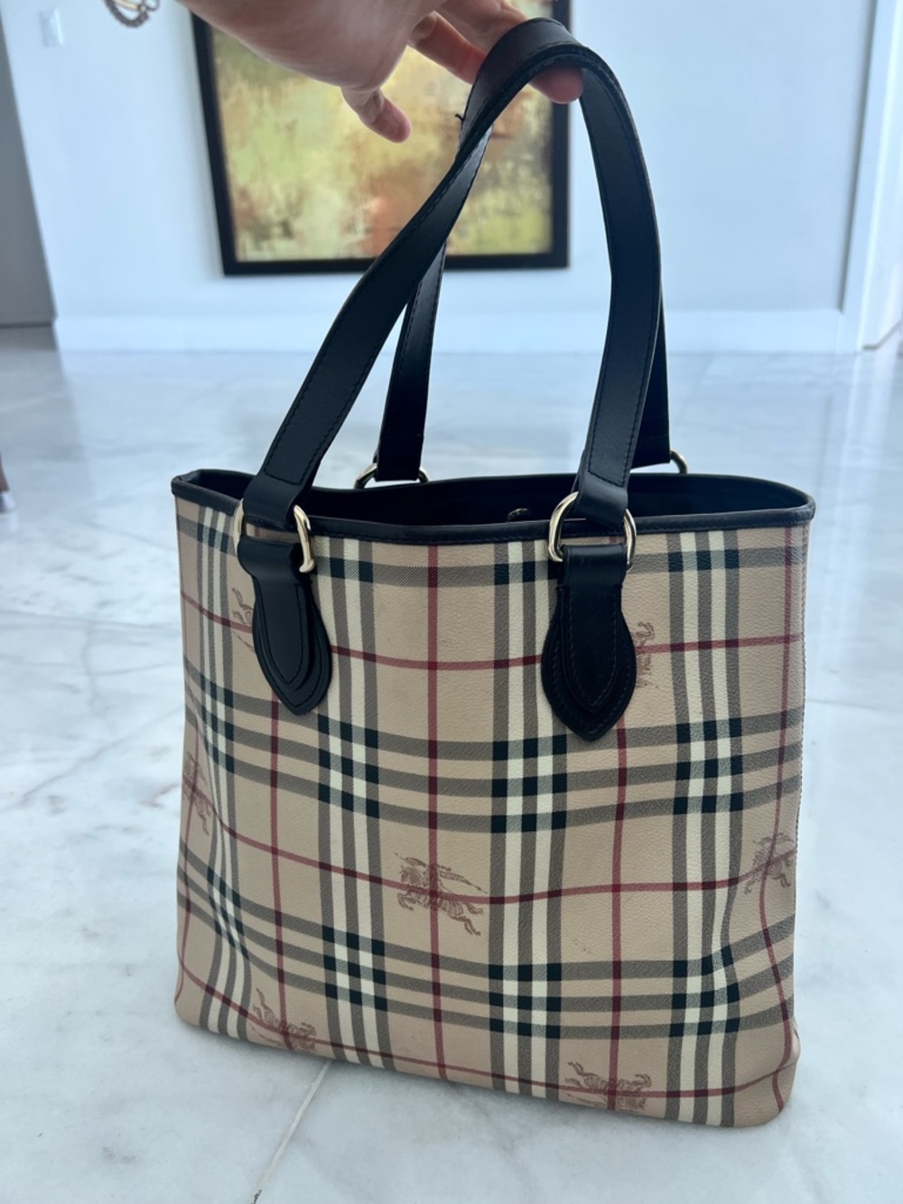 Burberry Beige Check Tote with Black Leather Handles